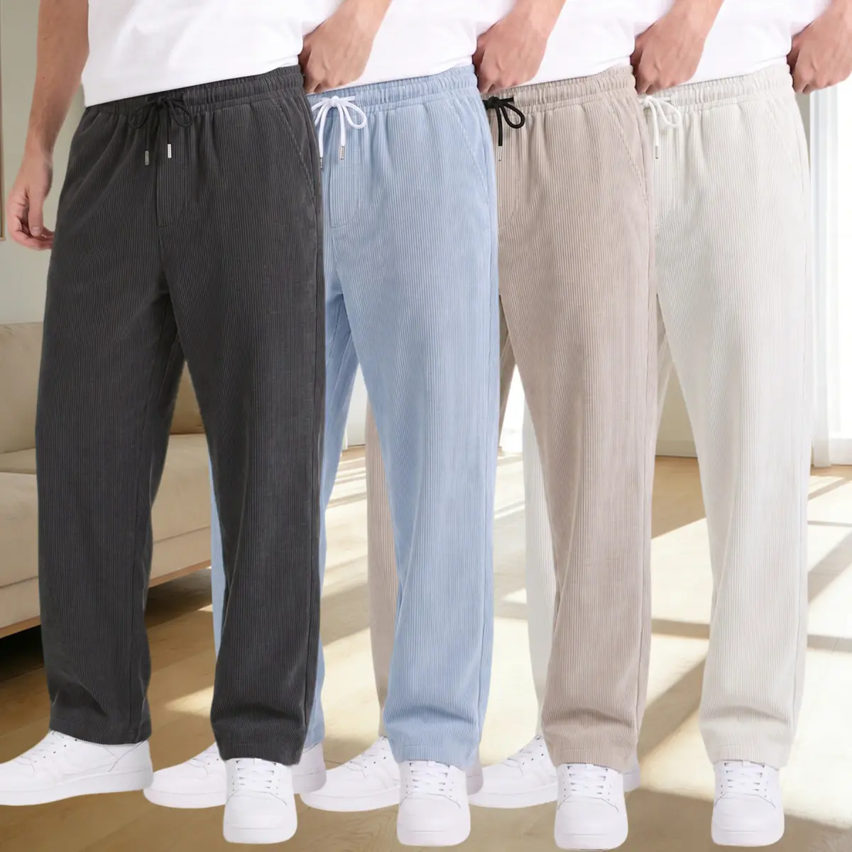Men's Solid Color Casual Fashion Corduroy Pants, Soft Cotton Wale Cord Trousers, Lightweight Breathable Straight Leg Bottoms for Fall Winter, Work, Travel & Daily Streetwear