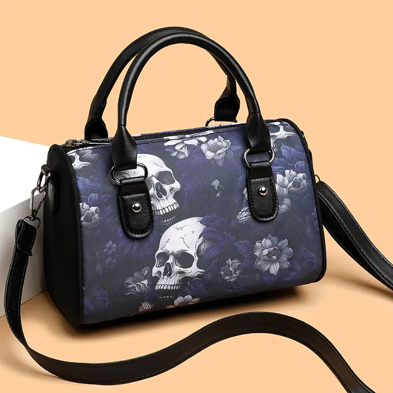 Punk Style Skull Print Boston Bag, Street Fashion Cylinder Bag, Stylish and Unique Oxford Cloth Handbag, Large Capacity Crossbody Pillow Bag