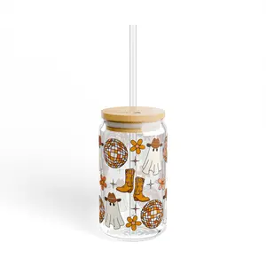 Retro Ghost Flower Disco Ball Cowboy Boot Sipper Glass Tumbler with Straw and Lid , 16oz