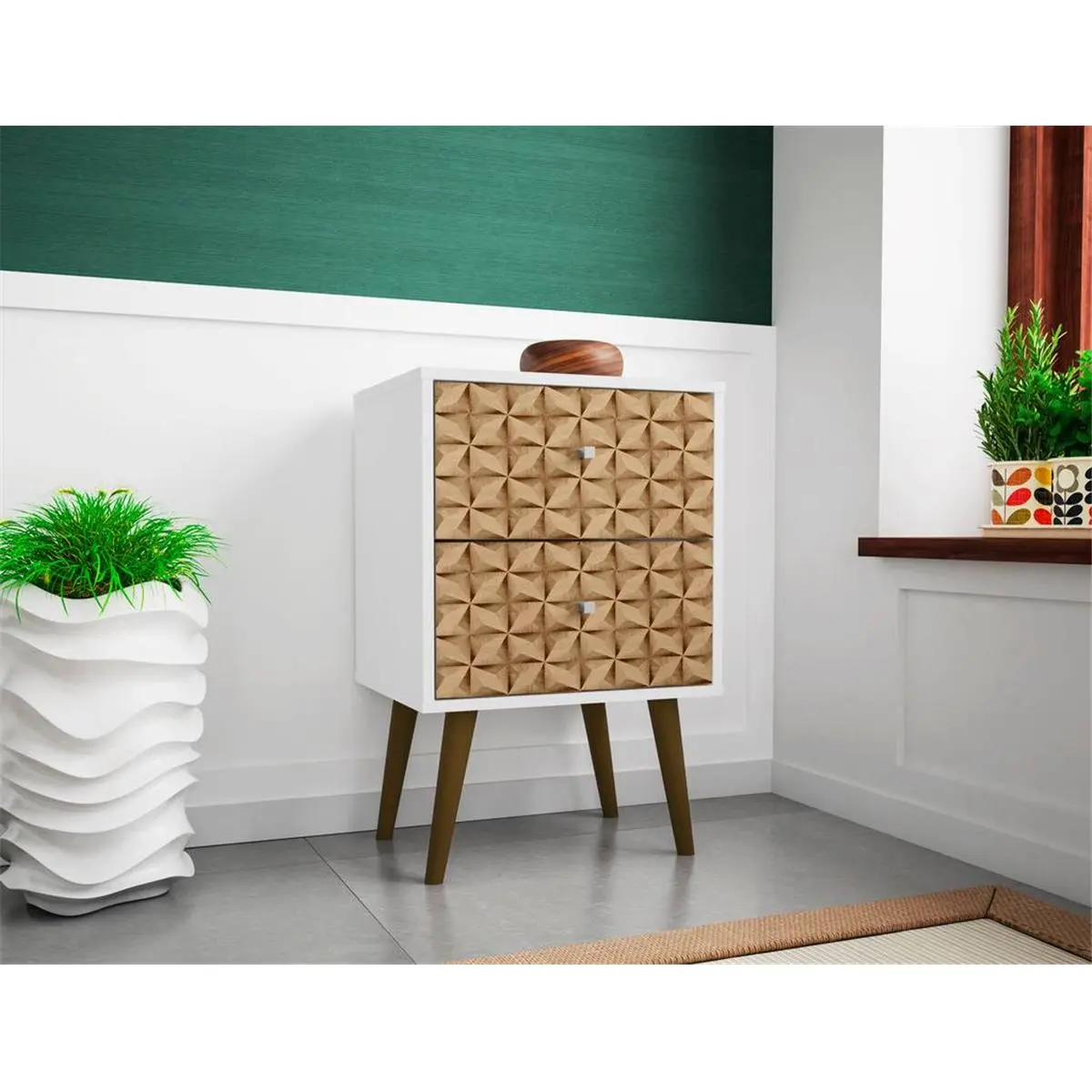 Manhattan Comfort Liberty Mid-Century Modern Nightstand 2.0 - Modern End Table, Homestyle Finds, Indoor Furniture with 2 Full Extension Drawers, White & 3D Brown Prints for Bedroom Use