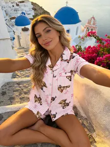 Women's Short Sleeve Pyjama Set, Pajamas, Pjs, Striped Bow + Highland Cow Full Print, Casual Slim Fit, Breathable Home Wear, Homewear, Loungewear, Nightwear, All Seasons, Womenswear