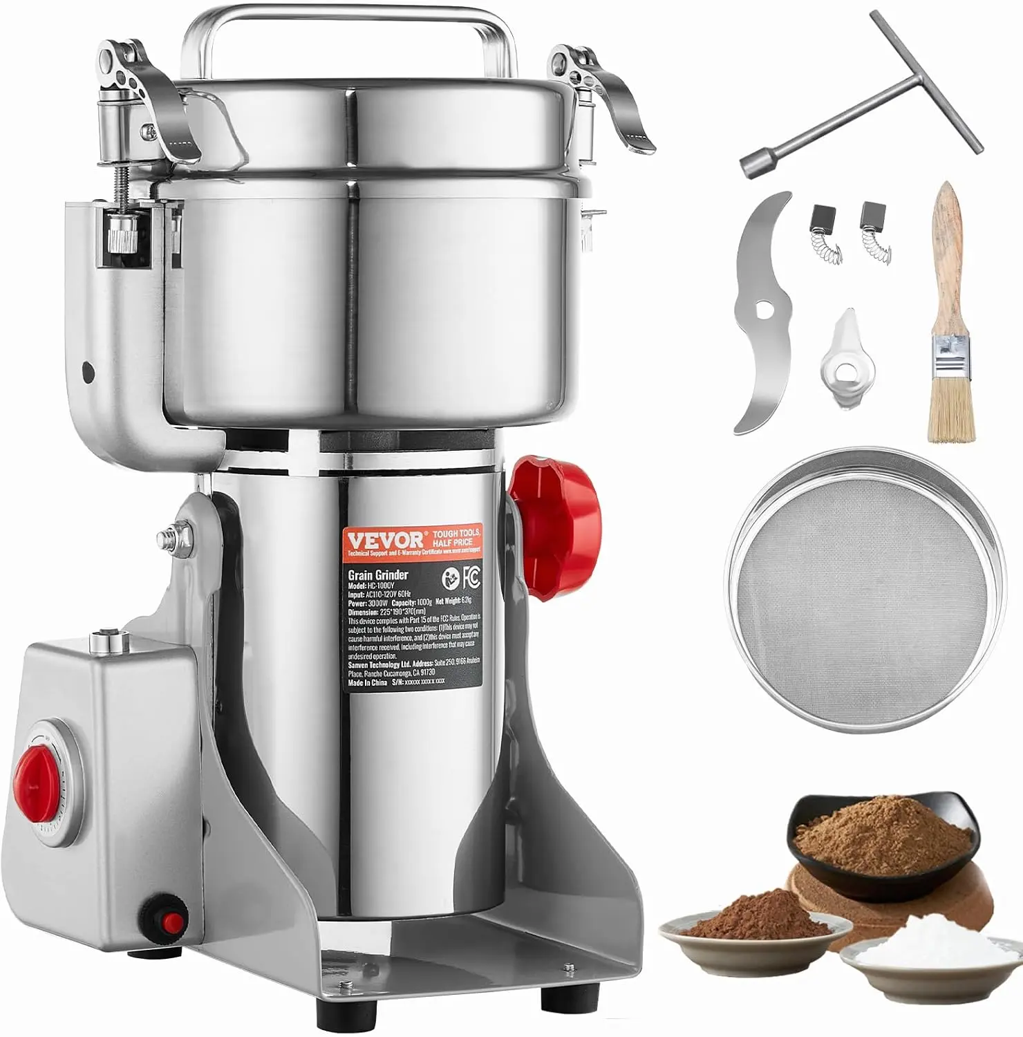 VEVOR Corded Swing-Type High Power Electric Grain Mill Grinder, 3000W 28000 r/min Stainless Steel Commercial Pulverizer, 1000g/13.67 lbs Capacity, Fast Grinding with Sieve, 8.86x7.48x14.6 in for Dry Grains, Spices, Coffee