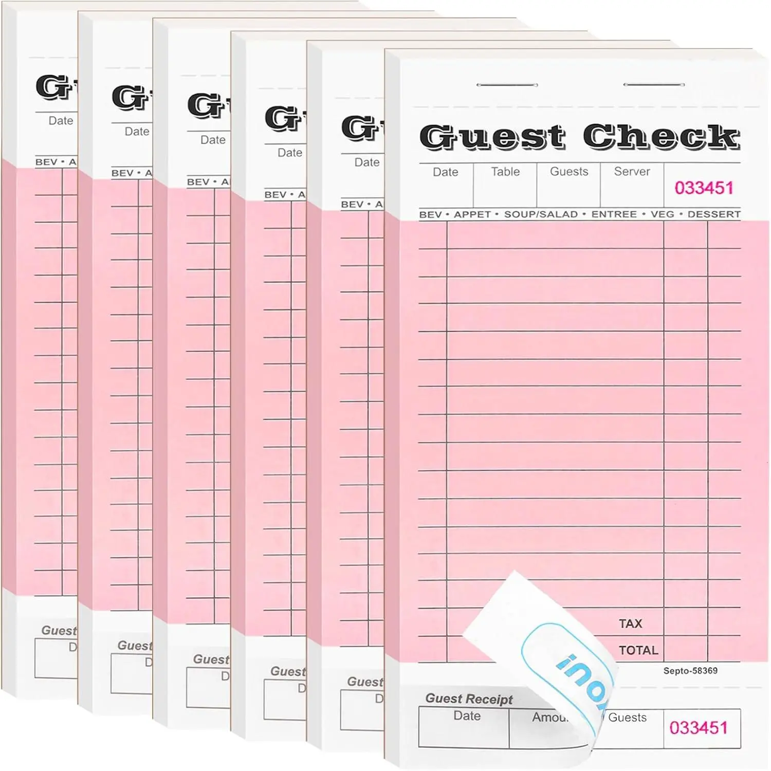6 Pack Server Note Pads  Guest Check Books for Servers Checks Notepad Waiter Waitress Restaurants Food Order 50 Sheets/Pad Pink