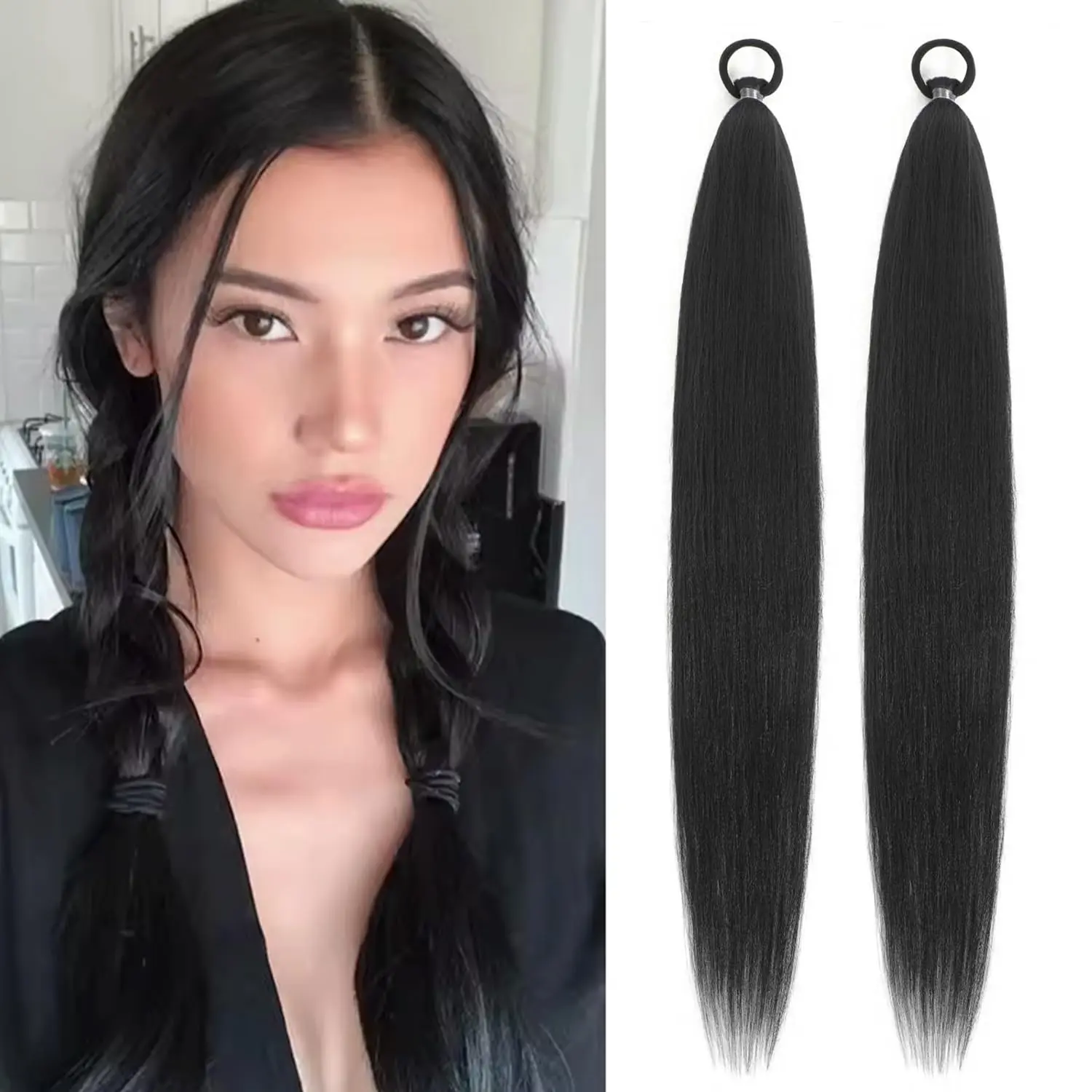 26 Inch Yaki Straight Braided Ponytail Extension, 2 Pack Black Elastic Tie Wrap Around Long Synthetic Braided Hair Ponytail Extensions for Women(Black, 26inch)