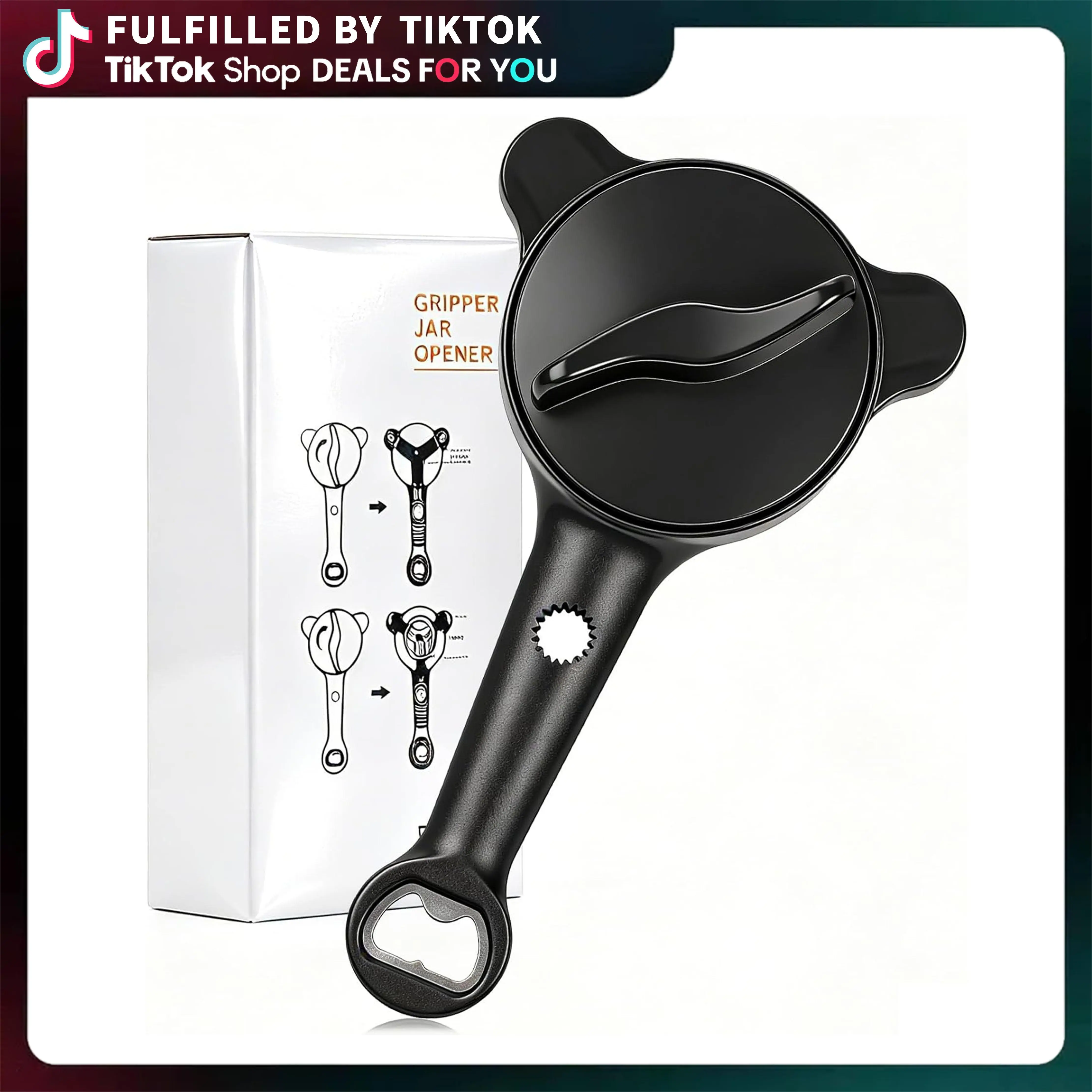 Japanese style 4-in-1 Ergonomic Jar Opener with Non-Slip Handle, the Can Opener for Weak Hands, Fits 1-3.5 Inch Kitchen Mason Jars, Bottles & Cans (Black), Manual