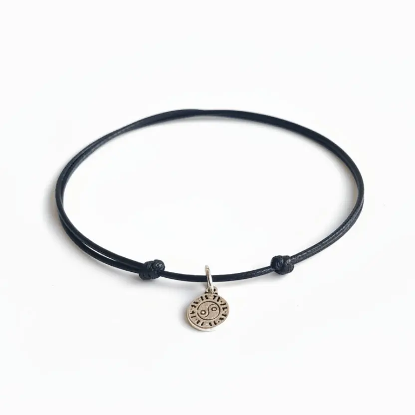 Yin Yang Solid Sterling Silver Anklet, Black Waterproof Cord, Adjustable