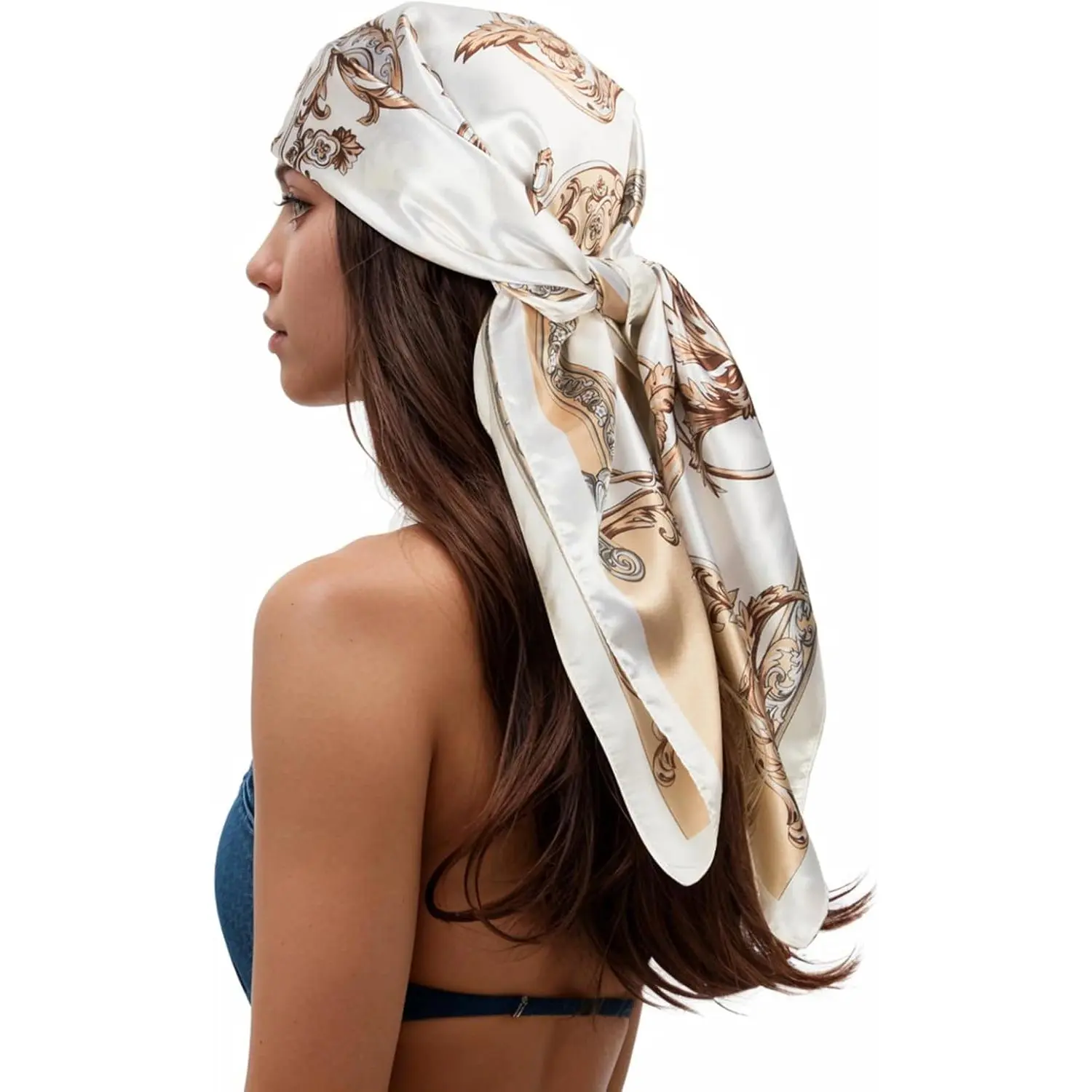 Women's Silky Satin Square Graphic Comfortable Decorated Dual-Purpose Fashionable Head Scarf - 35x35 in Convertible Bandana Head Wrap, Soft Lightweight Casual Chic Neck Cover for Sleeping, Travel | Women's Gift, Graphic Head Scarves, Comfortable Head Scar