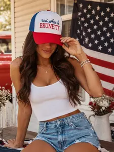 Red White & Brunette Vintage Americana Patriotic Trucker Hat, Mesh Cap for Country Concert, Summer Outfit