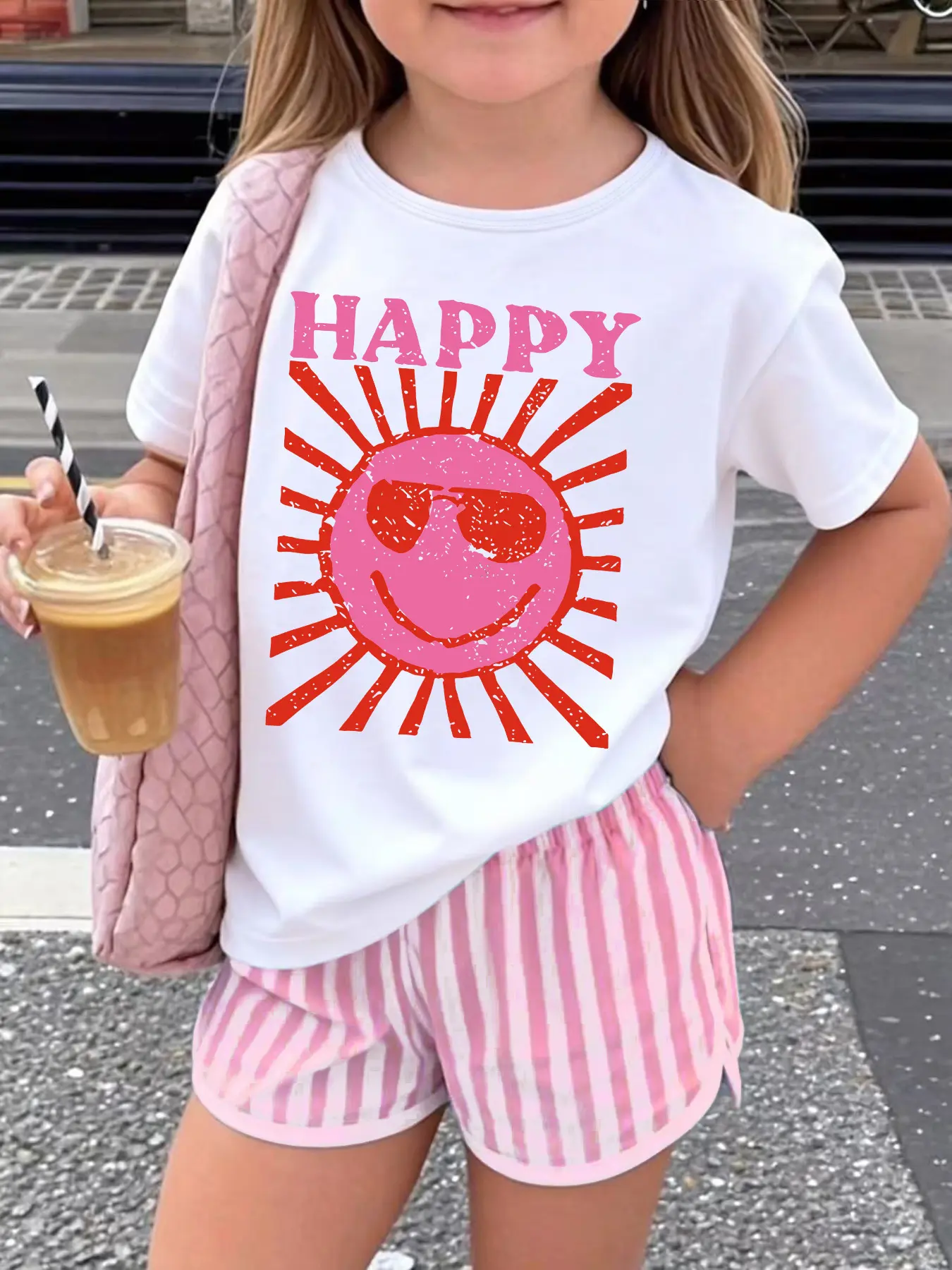 Toddler Girls Happy Sun Smiley Face T-Shirt Retro Distressed Sunglasses Sun Graphic Short Sleeve Summer Kids Tee