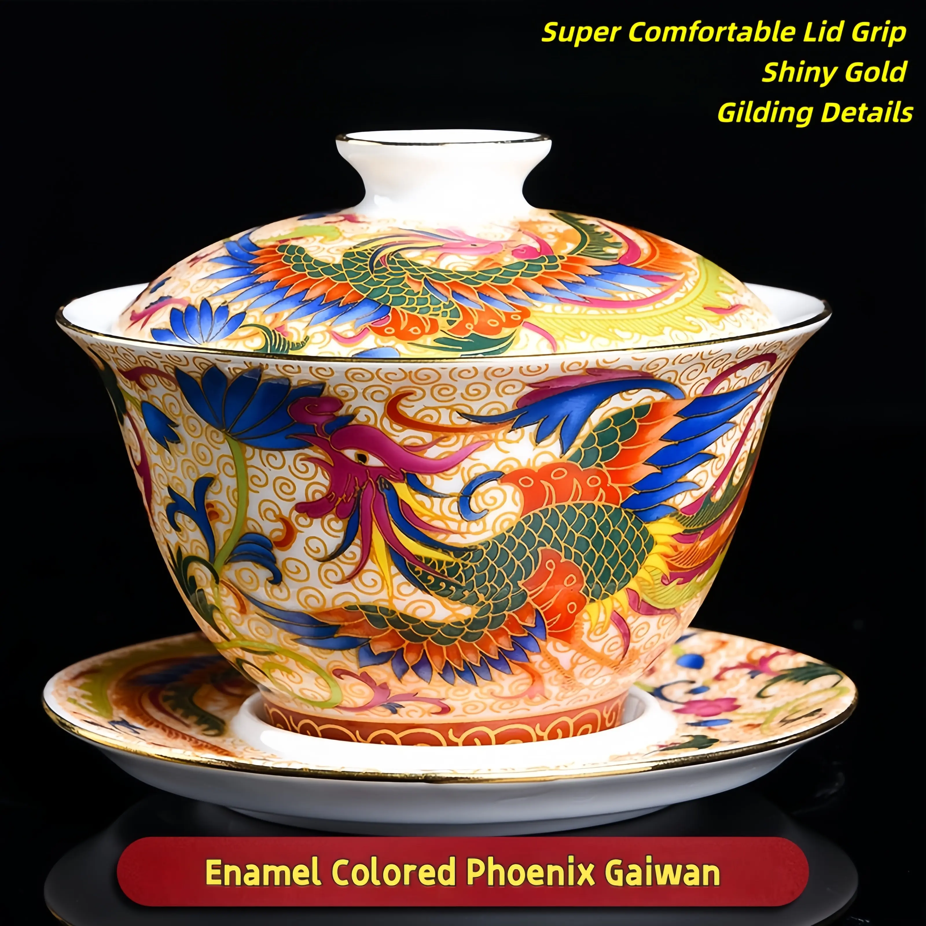 Hand-Painted Enamel Phoenix Porcelain Gaiwan Tea Set - Ceramic Set with Lid, Cups, Saucers, Cloud Details, Gold Accents, Floral Print - Traditional Collectible Cultural Pottery Item