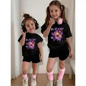 Girls' casual short-sleeve T-shirt, K-Pop girl group print, fitted round-neck tee, cartoon pattern, suitable for all seasons
