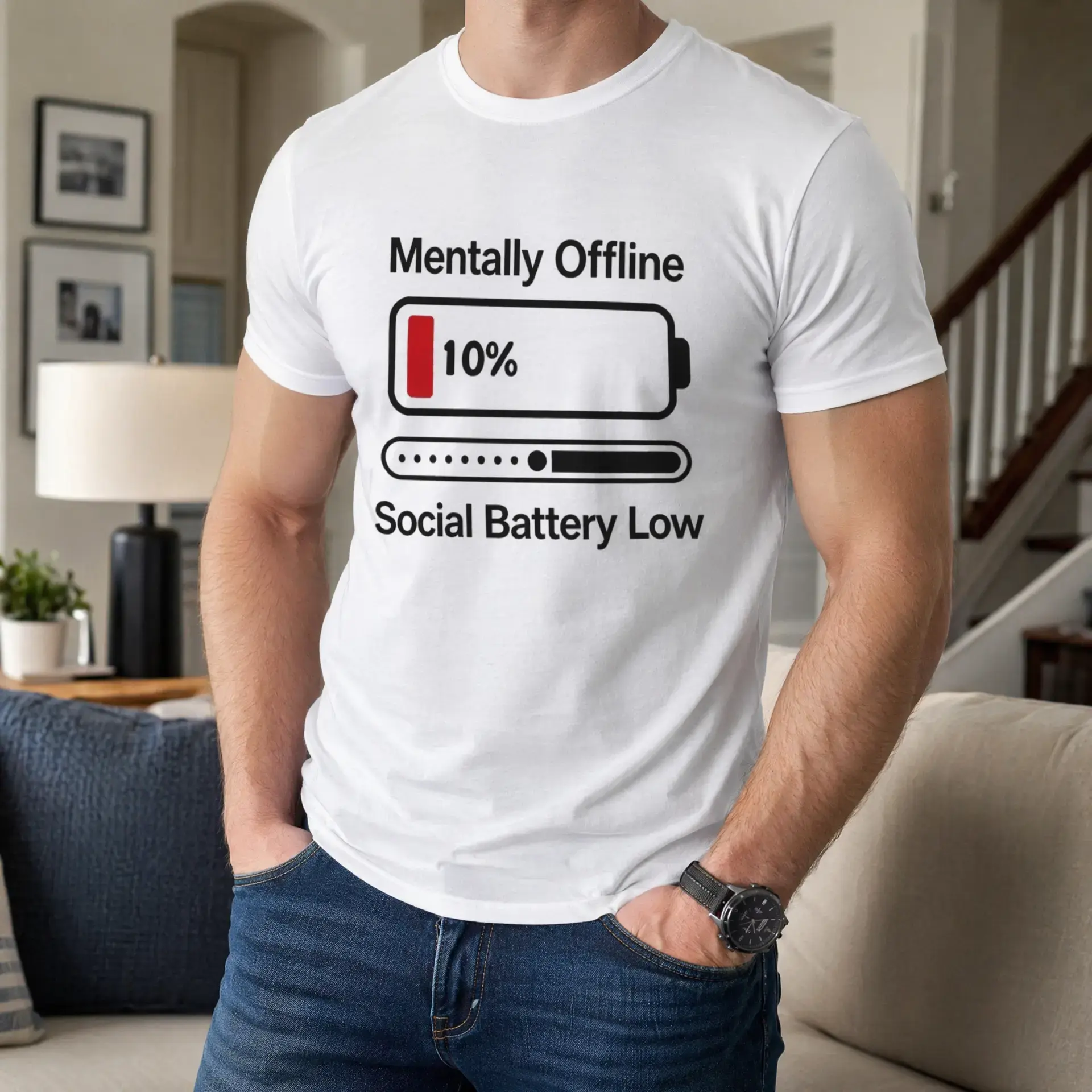 Funny “Mentally Offline” graphic T-shirt for men with a low battery graphic (10%), relatable introvert/anti-social anxiety meme crewneck tee, soft cotton casual short-sleeve streetwear top for quiet guys, introvert vibe everyday loungewear shirt, availabl