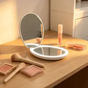 INMTFEI LED Foldable Pocket Makeup Mirror with 1X/8X Magnification, 3 Light Modes, Rechargeable Compact Mirror for Travel