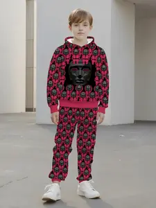 Boys' Squid Game Mask Full-Print 3D Digital Hoodie Sweatpants Set, Casual Slim-Fitting Long Sleeve Spring & Fall