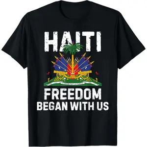 Casual Cotton Knit Short-Sleeve Round Neck Tshirt - Funny Graphic, Freedom Began With Us, Happy Haitian Flag Day Haiti Flag Casual Sports Top, Casual Sports Tops
