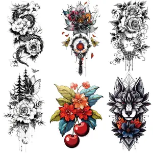 6 Pcs Dark Ink Dragon Tattoo Stickers, Vintage Floral Mixed Style, Waterproof Sweatproof Long-Lasting Realistic, Unisex Daily Wear