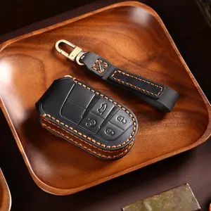 Genuine Leather Remote Key Fob Case Protector Cover Holder Fit for Jeep Grand Cherokee Dodge Renegade Challenger Chrysler 3 to 5 Buttons Keyless Smart Key (Black)
