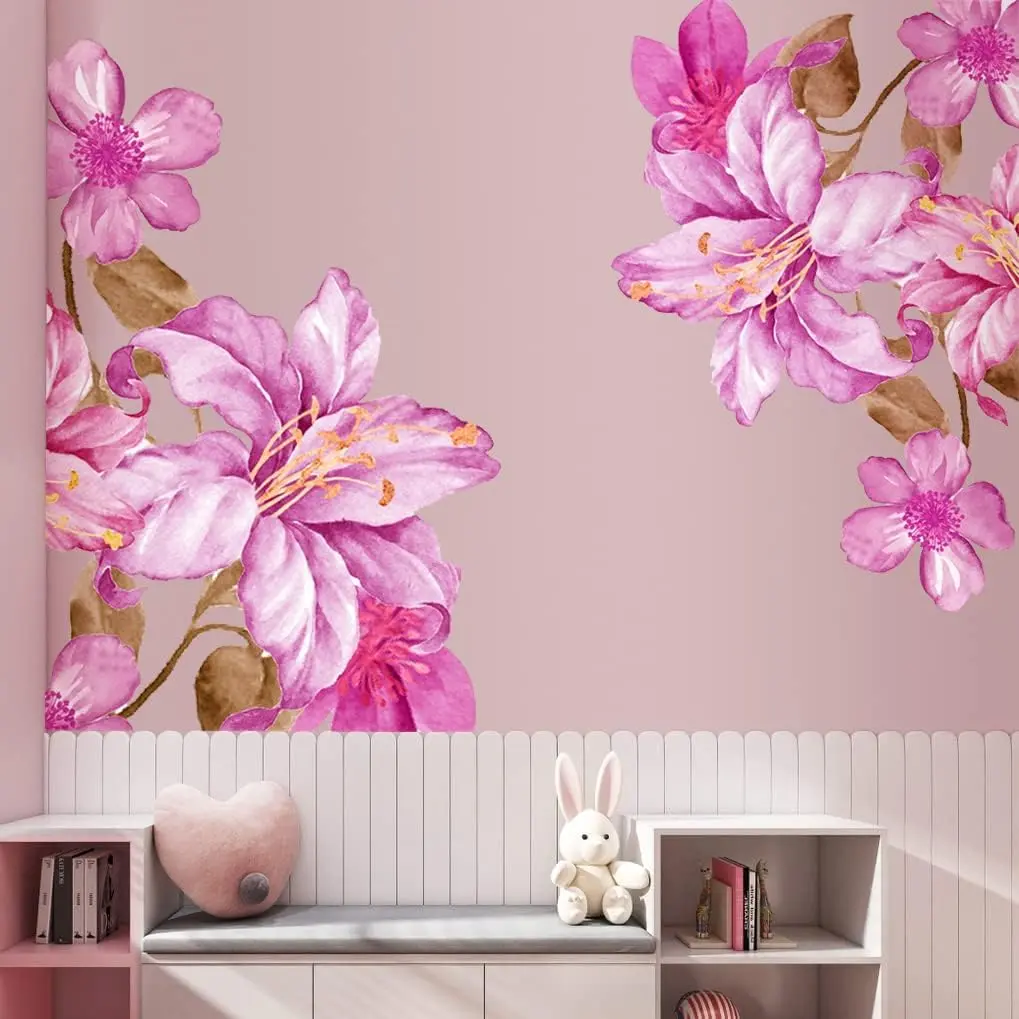 Giant Pink Flowers Wall Decals Lily Floral Wall Stickers DIY Removable  Blossom Brown Leaf Wall Art Decor for Kids Girls Bedroom Living Room...