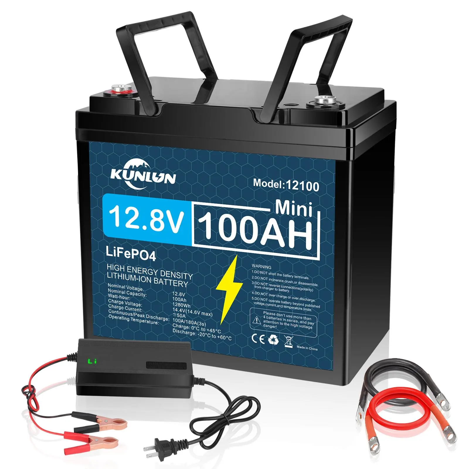 KUNLUN 12V 100Ah LiFePO4 High Capacity Battery Model 12100 - 100A Smart BMS, 5000+ Cycles, 1280Wh Energy, Maintenance-Free Saves Time, Solar Powered Off Grid Accessory with Charging Cable for RV, Outdoor Emergency Use