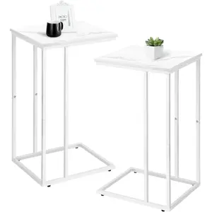 C Shaped End Table Set of 2 for Sofa and Bed, Slide Under Couch Tables, Side Table With Faux Marble Top, Small Under Table Tray for Living Room, Bedroom, White