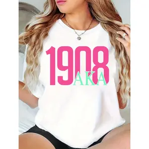 Women's 1908 AKA Sorority Graphic T-Shirt - Pink & Green Print, Casual Daily/Sorority Event Top for Alpha Kappa Alpha Members & Fans