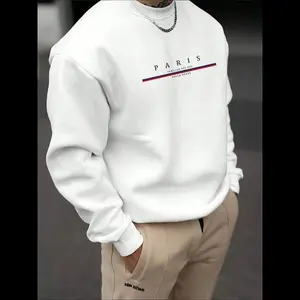 Men’s casual loose-fit crewneck sweatshirt with Paris letter print, pullover design, autumn and winter fashion, suitable for outdoor daily wear