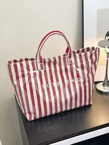 Large Capacity Letter Decorated Striped Tote Bag, Handbag Tote Bag, Casual Fashion Women's Shoulder Bag, Casual Trendy Bag, Stylish Tote Bag, Perfect for Daily, Travel, Shopping, Business