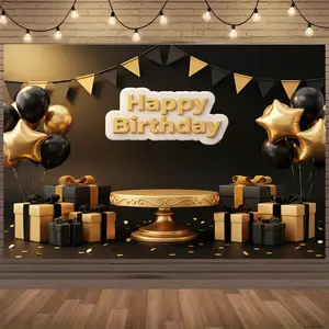 black Golden happy birthday party banner, black Golden crown gift box star pattern photography background cloth, polyester material, bright and durable, suitable for wall decoration, living room celebration outdoor decoration