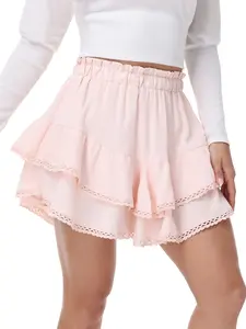 2 IN 1 Flowy Shorts for Women Casual Boho Ruffle Tiered Skorts High Waist Mini Skirts Golf Tennis Crochet Shorts Casual Summer