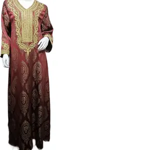 Morocco Kaftan Dresses Women Jacquard Fabric Saudi Arabia Dubai Robe Abaya with Elegant Gold Embroidery