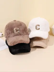 Winter Warm Fuzzy Plush Baseball Cap, Ultra-Soft Fabric, Metal C Badge, Windproof Cold Protection, Luxe Streetwear Hat, Fitted Caps