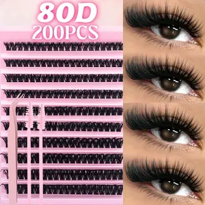 80D Natural Cluster Eyelash Kit, Reusable DIY Eyelash Extensions, Soft Fluffy Volume Eyelashes, Includes Tweezer & 2 Brushes, Beginner Friendly