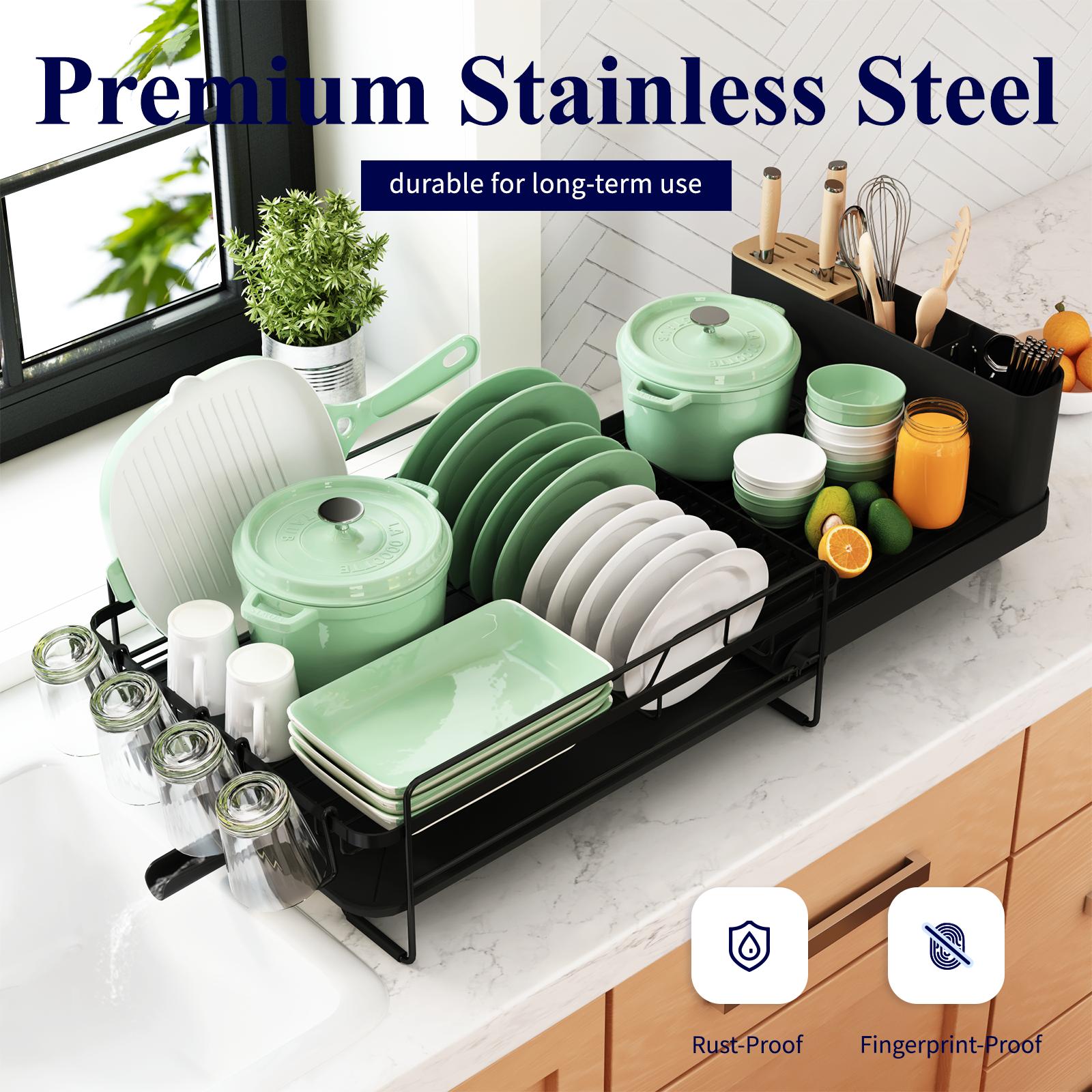 Black Expandable Dish Drying Rack Over Sink, Adjustable Iron Spray Coated Dish Rack with Drainboard, Large Capacity Kitchen Organizer for Plates Bowls Utensils, Space Saving Sink Rack Storage Holder Black Expandable Dish Drying Rack Over Sink, Adjustable Iron Spray Coated Dish Rack with Drainboard, Large Capacity Kitchen Organizer for Plates Bowls Utensils, Space Saving Sink Rack Storage Holder