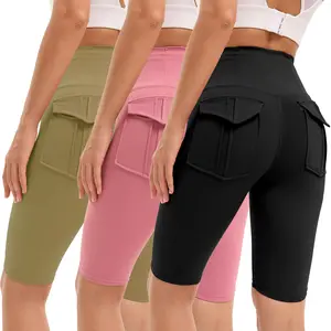 3 Pieces Women's High-waisted Gym Shorts with Pockets , Super Soft Tummy Control No See Through Workout Running Yoga Athletic Shorts Pants