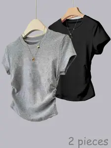 Trendy Girls' Fashion Simple Round-Neck Short-Sleeve T-Shirts Set of 2, with a slightly tapered waist and pleated design. The comfortable fit makes it versatile and easy to match, perfect for girls' clothing.
