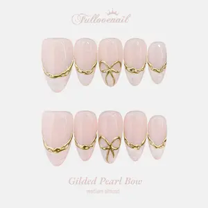 Fullovenail Medium Almond 10 PCS Gilded Pearl Bow Handmade Press on Nail REUSABLE 3D Gel Fake Nails Acylic Press on Nail/Christmas Autumn Fall Winter Peret 2025