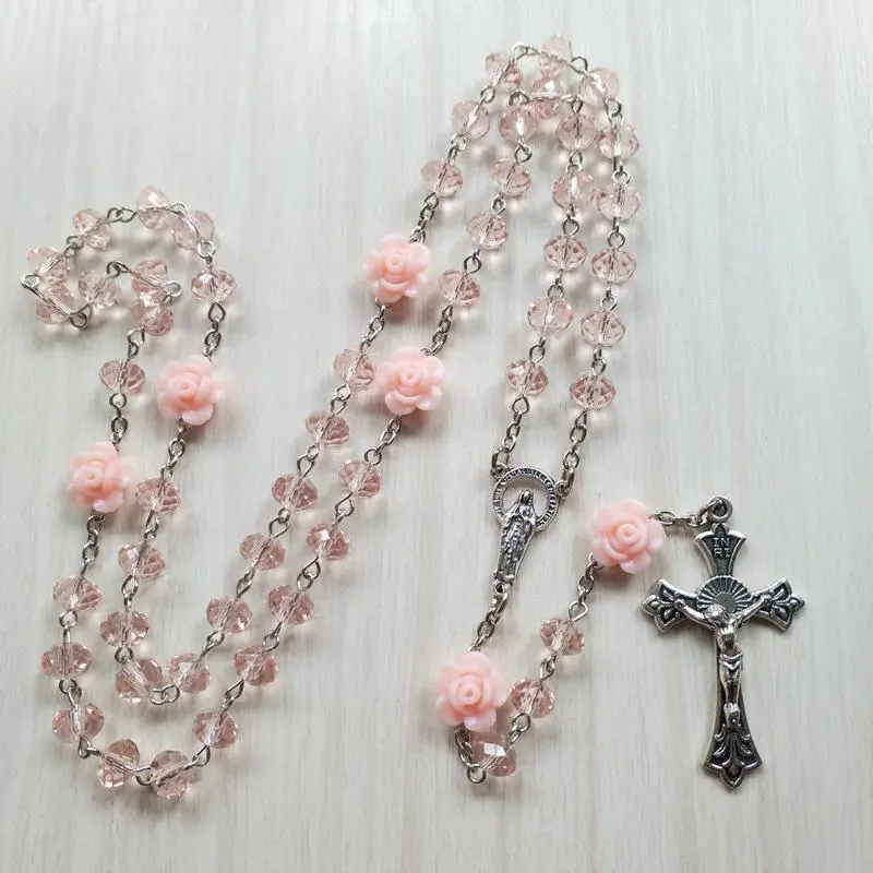 Catholic Pink Rose Crystal Rosary Necklace - 72 cm Long Christian Style Cross Necklace, Colorful Crystal Rose Flower Spiritual Religious Costume Jewelry