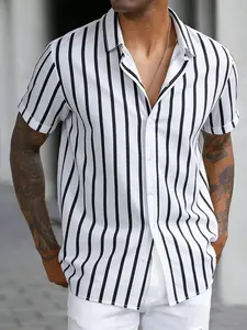 Men's Striped Print Short Sleeve Shirt, Regular Fit Casual Comfy Breathable Top for Summer, Men's Clothes for Beach Vacation, Casual Stylish Menswear