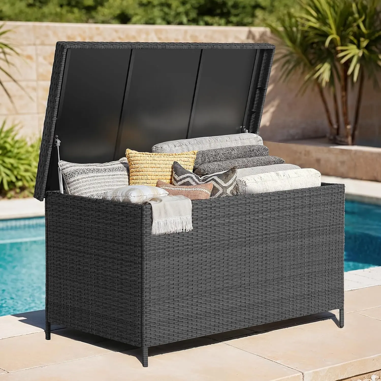 ONBRILL 158 Gal XL Decorative Rattan Deck Box with Metal-Steel Frame & Lid, All-Weather Waterproof Cover, Outdoor Storage Bin for Cushions, Garden Tools, Black storage organization home organization storage organizer storage