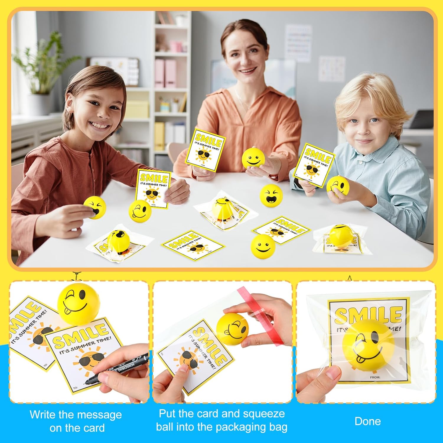 24 Pack Stress Balls for Students - 2 Inch Yellow Squeeze Balls with Wish Cards - Effective Stress Relief Tools for Classroom Exchange & Party Favors