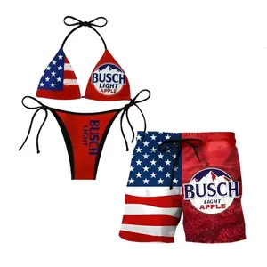 American Flag Apple Beer Couple Swimwear Set – Matching Bikini & Shorts for 4th of July, Patriotic Beach Party Outfit, Gift for Him & Her
