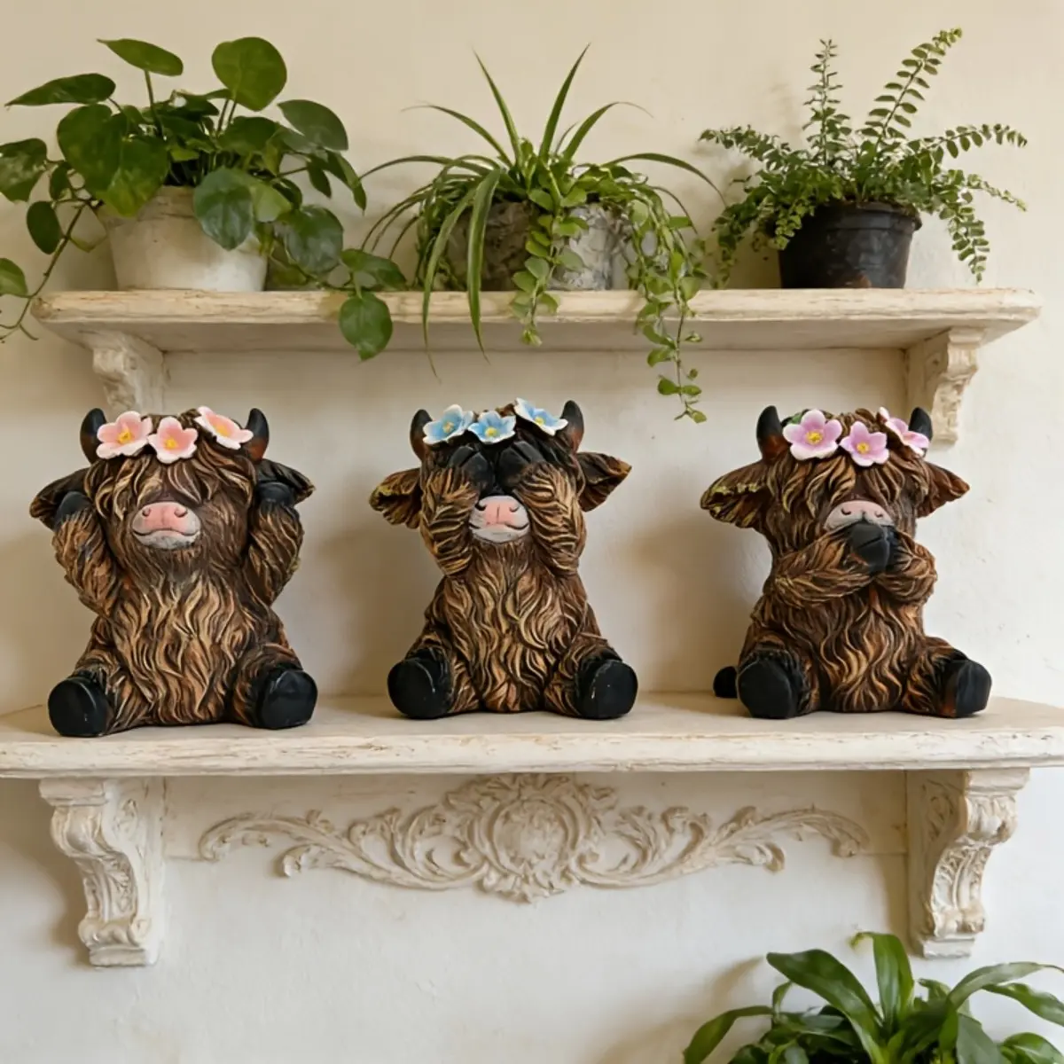 Premium Highland Cow Statue 3-Pack, High-Quality Resin Figure Cute "See Hear Speak No Evil" Animal Figurines, Decorative Statues, Aesthetic Home Living Room Office Desk Decor, Statue Decorations, Whimsical Garden Sculpture Gift for Cow Lovers