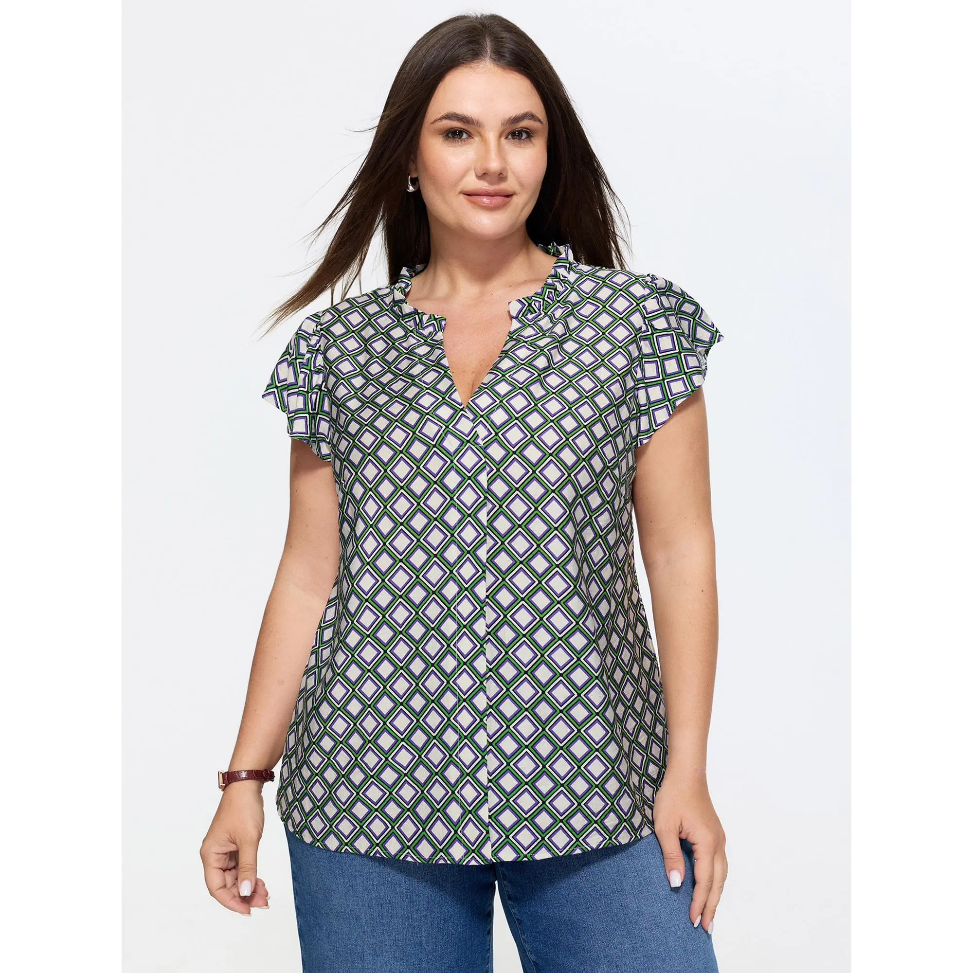 BloomChic Women's Plus Size Office Blouse in Geometric Print with Notched Collar and Ruffle Cap Sleeve, Smooth Rayon Fabric, Garment, Lady, Multicolor, Shirts, Cap Sleeves, Ready To Wear, Rayon Blend