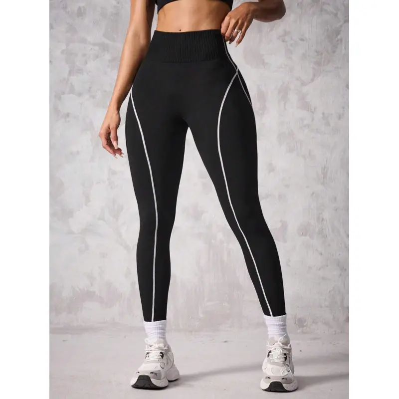 1pc Black & White Contrast Stripe Pattern Cropped Workout Leggings Yoga Women Pants