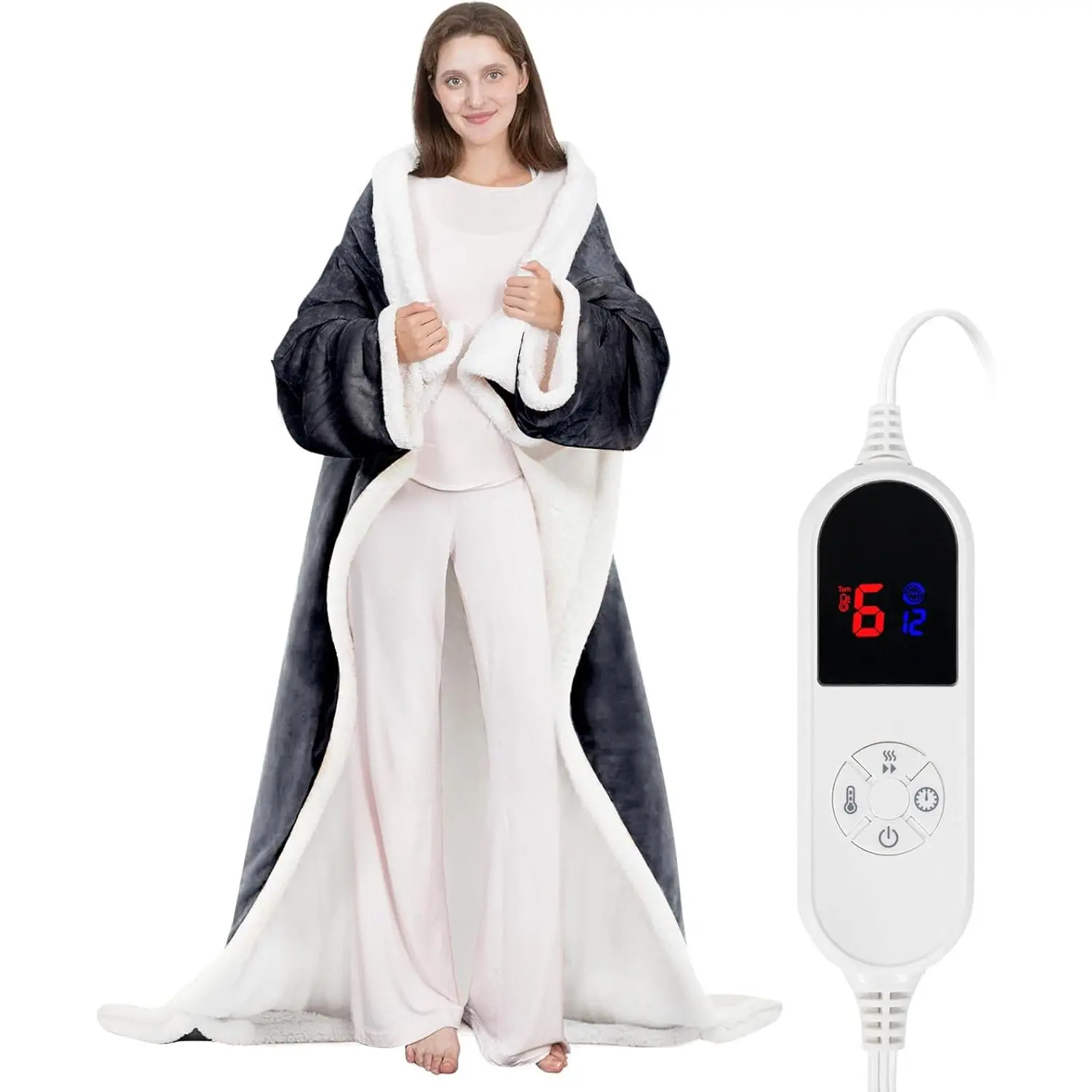 Wearable Heated Blanket with Sleeves and Foot Pocket, 52"x72" Electric Blanket for 6 Heat Settings, 12-Hour Timer, Flannel & Sherpa, Charcoal