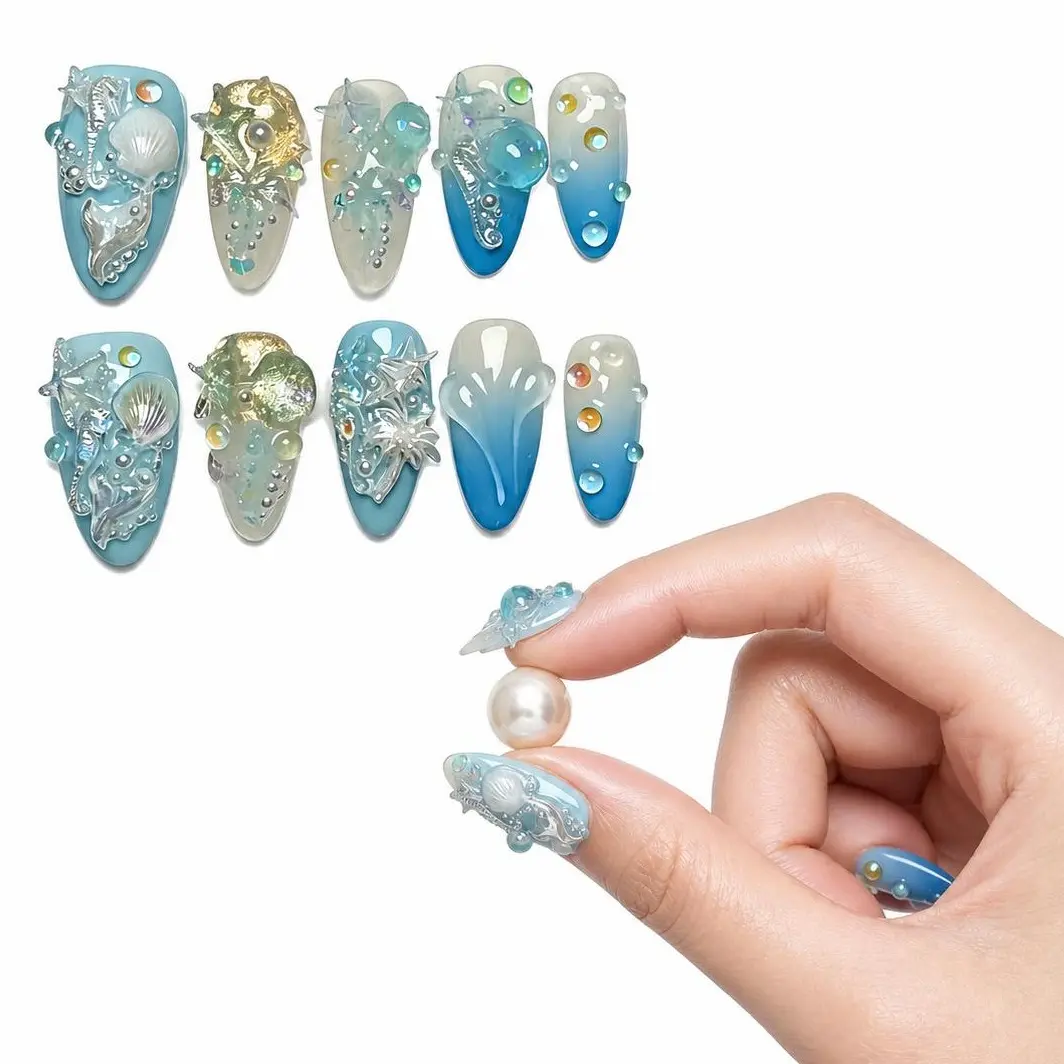 Handmade 3D Mermaid Press on Nails Medium Almond, Y2K Ocean Theme Fake Nails, Luxury Summer Shimmer Mermaidcore French Tip with 3D Starfish Shell Design