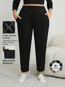 Plus Size Solid Plicated Pocket Elastic Waist Joggers, Casual Sporty High Waist Trousers for Women, Women's Sportswear for Indoor Outdoor Wear, Women Workout Clothes