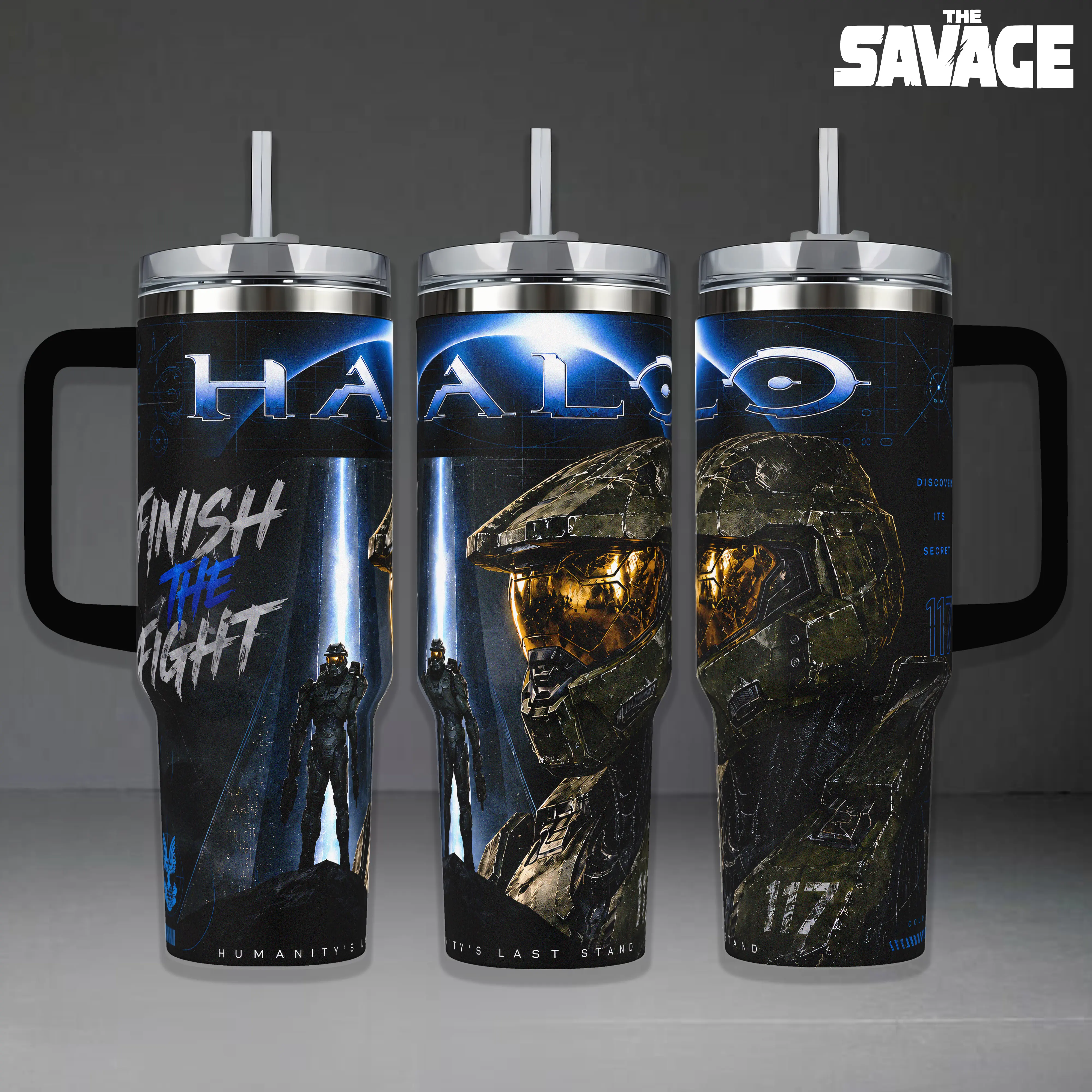 Halo "Finish The Fight" Master Chief Tumbler, 20oz & 40oz Insulated Travel Mug with Handle. Iconic Gaming Merch, Spartan 117 & Humanitys Last Stand Design, Perfect Gift for Halo Fans and Gamers