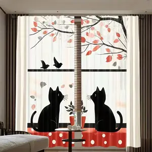 Happy Cat Family Curtains Set, Cat Leaf Design, Living Room Bedroom Office Privacy Window Decor, Easy Install Modern Home Decoration