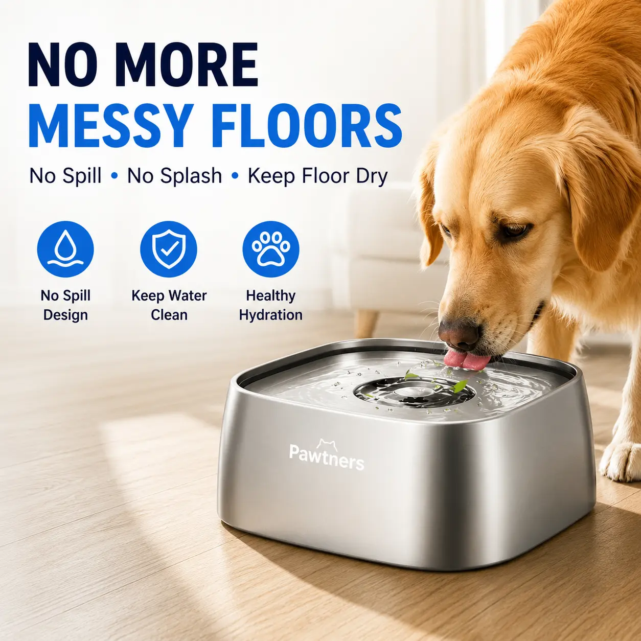 Pawtners All Stainless Steel No-Spill Dog Water Bowl, 135oz Anti-Splash Bowl with Non-Slip Base, Slobber Stopper for Medium-Large Messy Drinkers, Slow Drinking & Easy to Clean, Slobber Stopper Bowl